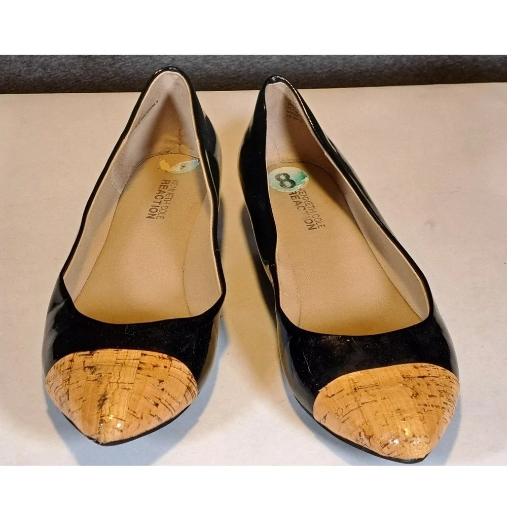 Kenneth Cole Reaction‎ In The Jeans Black Patent Cork Cap Toe Wedge Flats 8M